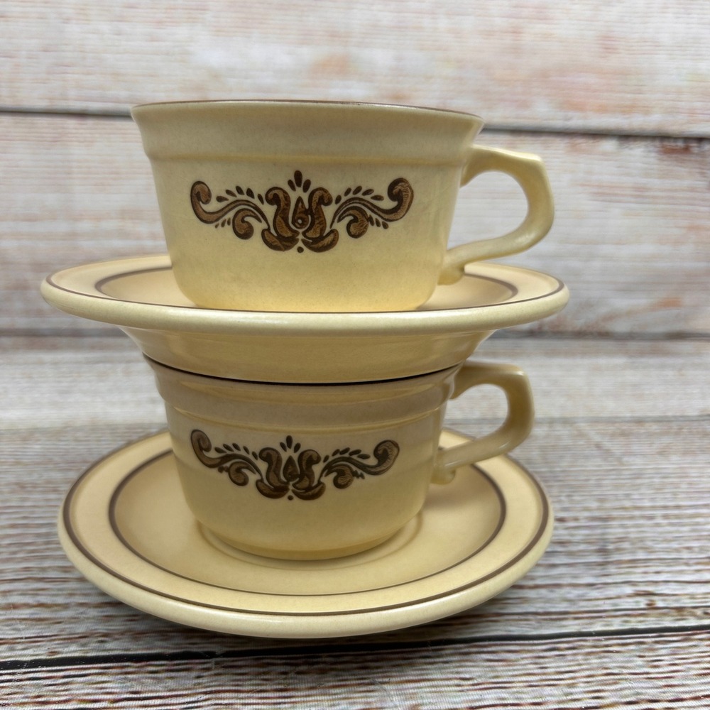 Pfaltzgraff Village Tea Cups & Saucers Set of 2 Vintage USA Stoneware Tan Brown